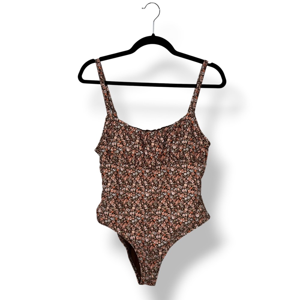 Refuge Women's XL One Piece Floral Swimsuit Brown Ruched